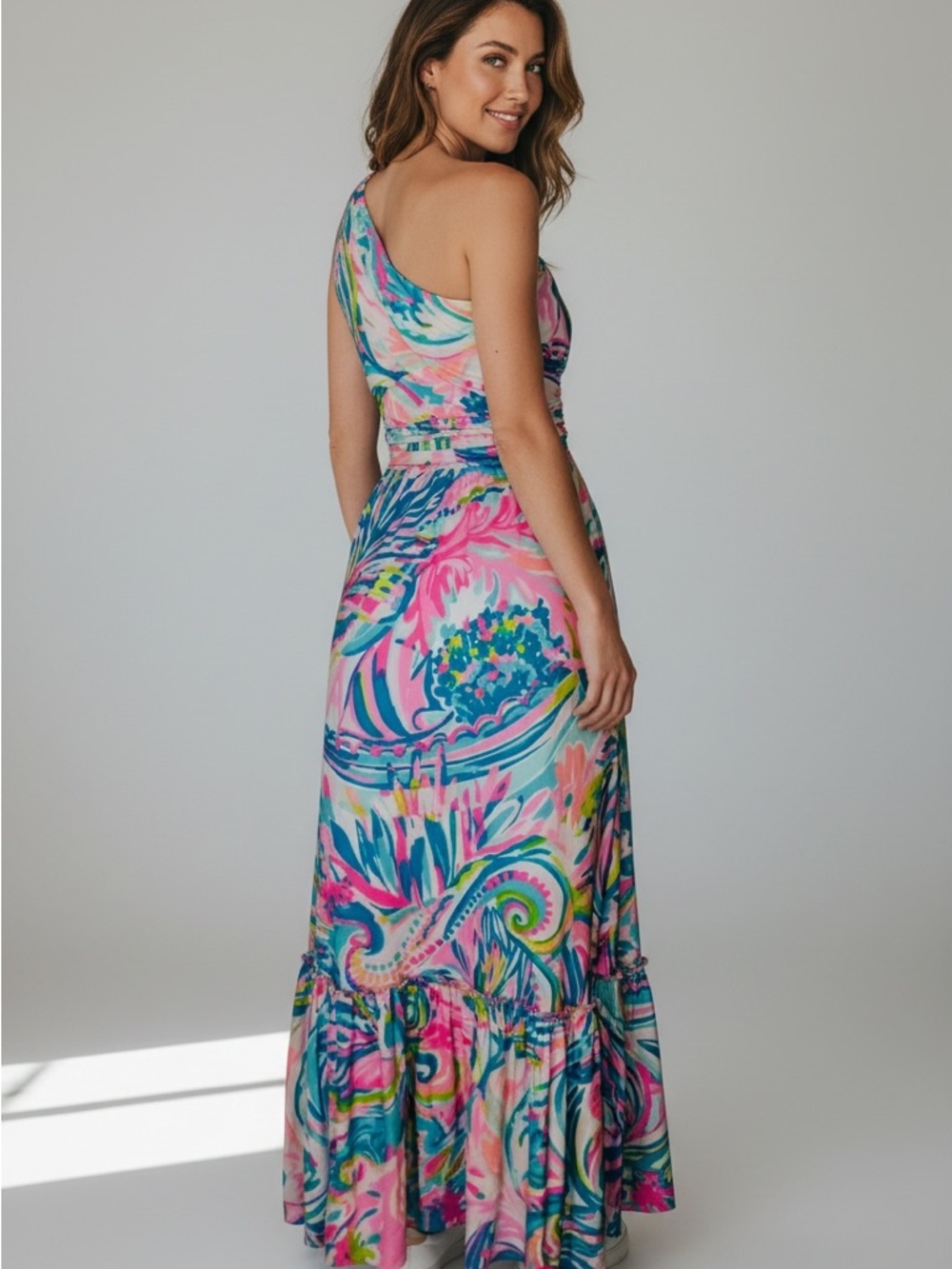 Lilly Pulitzer Mooney One-Shoulder Maxi Dress in Pink Multicolor Swirl M - Picture 2 of 10